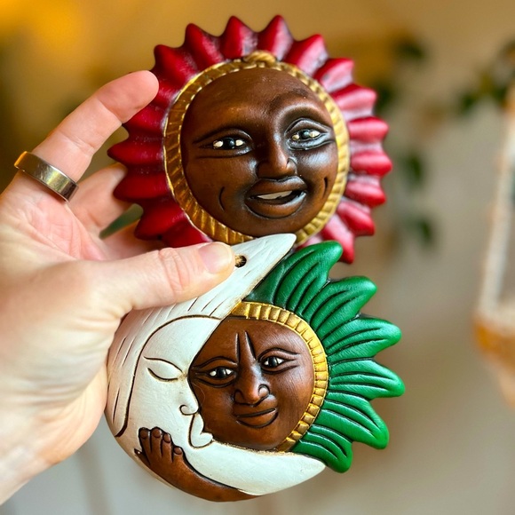 Pair of Vintage Hand-Carved Sun & Moon Face Celestial Wall Plaques from Mexico - Picture 1 of 8
